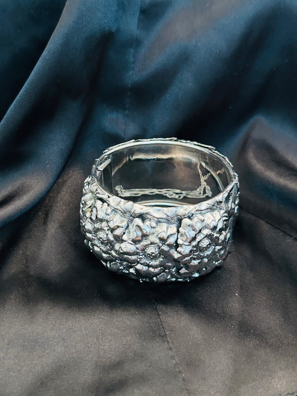 Floral Embossed Silver Cuff Bracelet